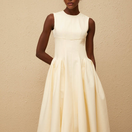 Katherine Neutrals Sleeveless Midi Dress with Shirred Panel and Rear Zip Fastening