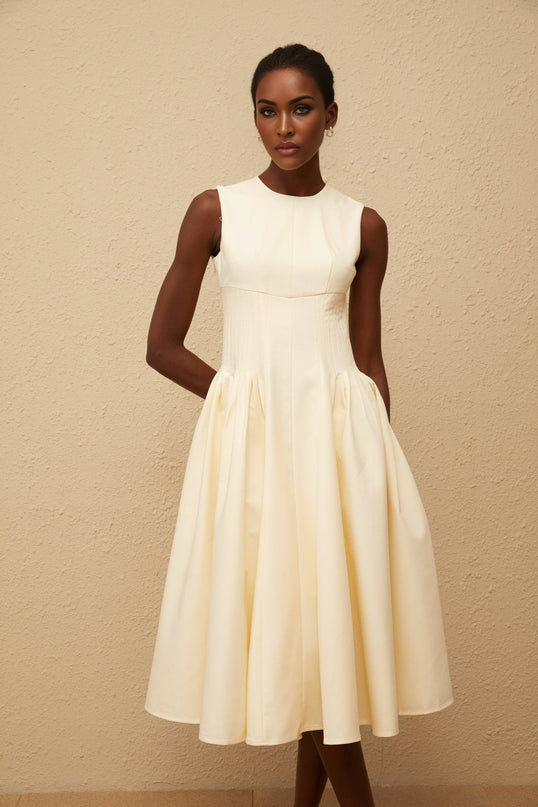 Katherine Neutrals Sleeveless Midi Dress with Shirred Panel and Rear Zip Fastening