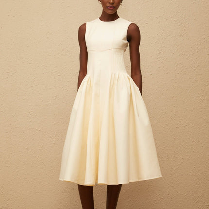 Katherine Neutrals Midi Dress Elegant Design Sleeveless Fitted Waistline Shirred Panel Voluminous Skirt Rear Zip Fastening Luxury Versatile Fashion