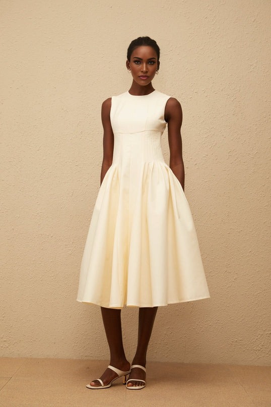 Katherine Neutrals Midi Dress Elegant Design Sleeveless Fitted Waistline Shirred Panel Voluminous Skirt Rear Zip Fastening Luxury Versatile Fashion