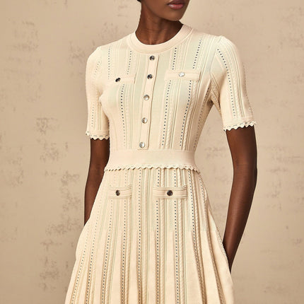 Katherine Neutrals Mini Dress with Pleated Details and Gold-Tone Buttons