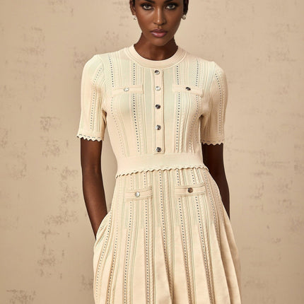 Katherine Neutrals Mini Dress Round Neck Short Sleeves Cinched Waist Pleated Details Pointelle Trim Gold-tone Buttons Faux Pocket Premium Blend Thigh Length