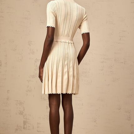 Katherine Neutrals Mini Dress with Pleated Details and Gold-tone Buttons