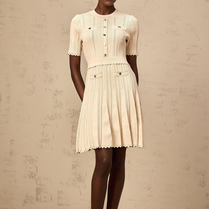 Katherine Neutrals Mini Dress Round Neck Short Sleeves Cinched Waist Pleated Details Pointelle Trim Embossed Gold-Tone Buttons Faux Pocket Premium Blend Thigh Length