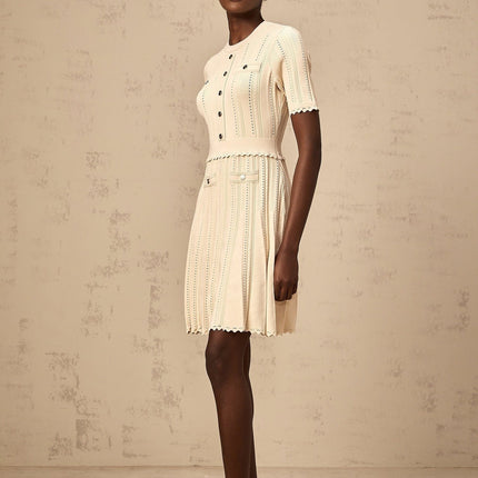Katherine Neutrals Mini Dress with Pleated Details and Gold-Tone Buttons