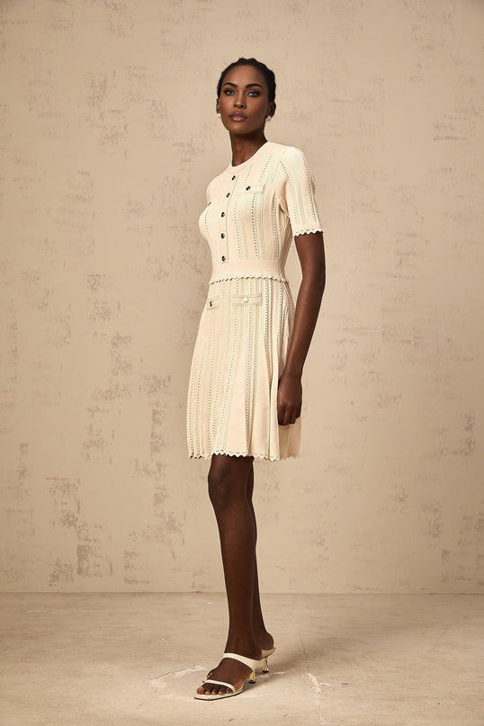 Katherine Neutrals Mini Dress with Pleated Details and Gold-Tone Buttons