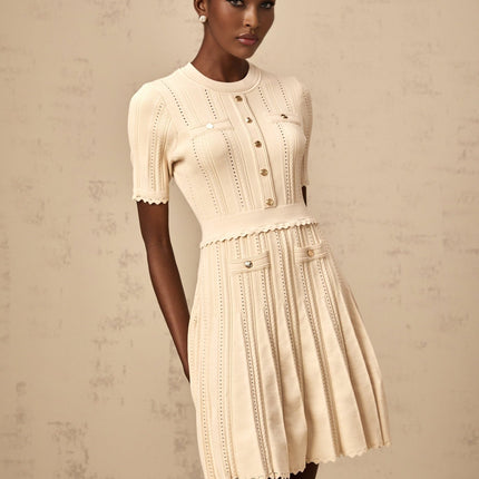 Katherine Neutrals Mini Dress with Pleated Details and Gold-Tone Buttons