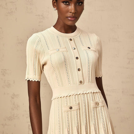 Katherine Neutrals Mini Dress with Pleated Details and Gold-Tone Buttons
