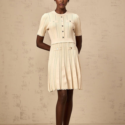 Katherine Neutrals Mini Dress with Pleated Details and Gold-Tone Buttons