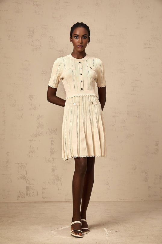 Katherine Neutrals Mini Dress with Pleated Details and Gold-Tone Buttons
