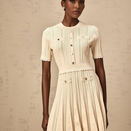 Katherine Neutrals Mini Dress with Pleated Details and Gold-Tone Buttons