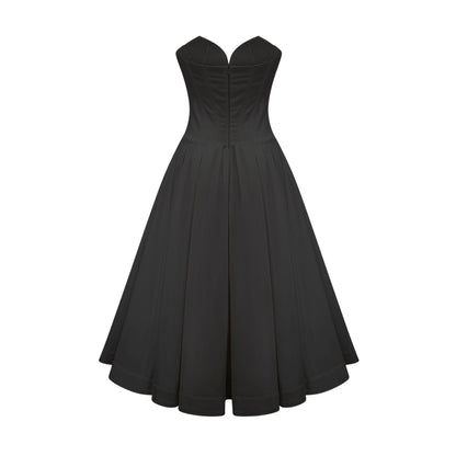 Katherine off shoulder corset midi dress in black on a mannequin or model against a plain background