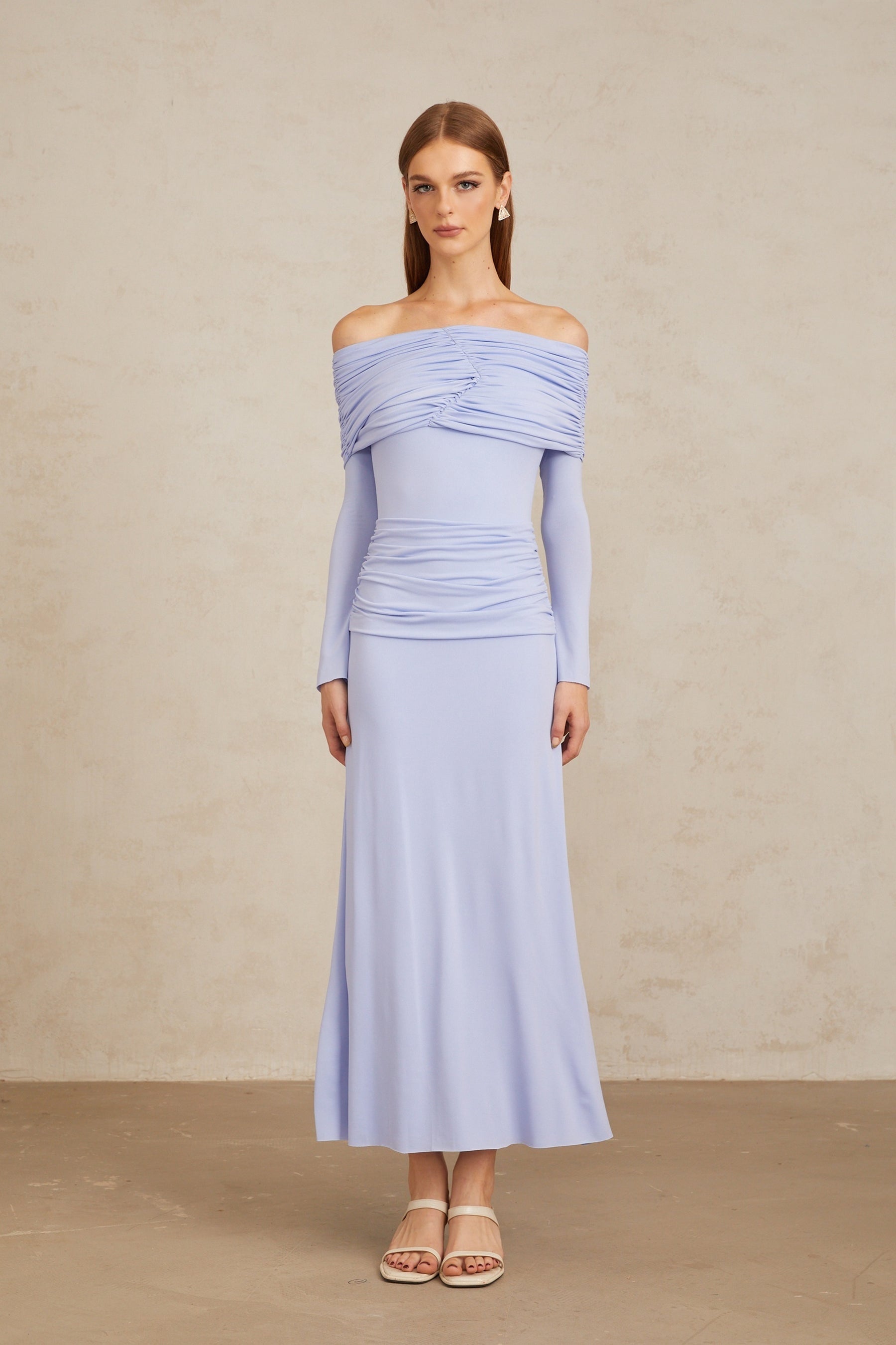 Katia Light Blue OffShoulder Ruched Maxi Dress