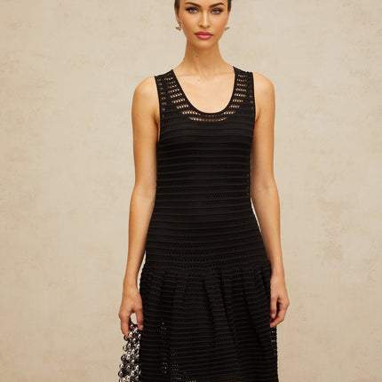 Kayla Black Pointelle Knit Mini Dress U-Neck Cinched Waist Flounce Hem Shirred Panel Knee-Length