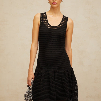 Kayla Black Pointelle Knit Mini Dress with U-Neck and Flounce Hem
