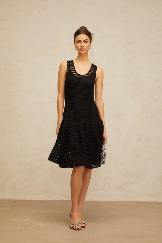 Kayla Black Pointelle Knit Mini Dress with U-neck and Cinched Waist