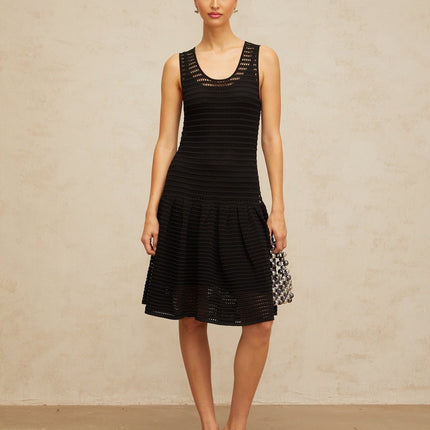 Kayla Black Pointelle Knit Mini Dress U-neck Cinched Waist Flounce Hem Shirred Panel Knee-length Slip 63% Rayon 37% Nylon