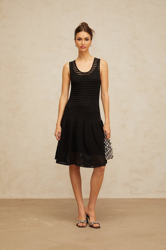 Kayla Black Pointelle Knit Mini Dress U-neck Cinched Waist Flounce Hem Shirred Panel Knee-length Slip 63% Rayon 37% Nylon