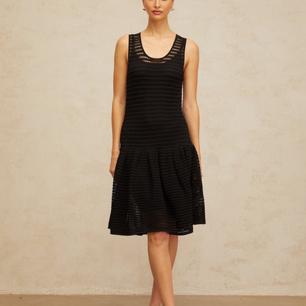 Kayla Black Pointelle Knit Mini Dress with U-neck and Cinched Waist