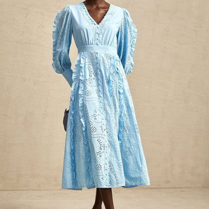 Kayla Blue Cotton Midi Dress with Balloon Sleeves and Ruffled Detailing
