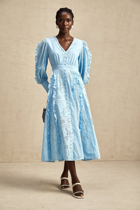 Kayla Blue Cotton Midi Dress with Balloon Sleeves and Ruffled Detailing
