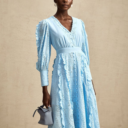 Kayla Blue Cotton V-Neck Midi Dress with Balloon Sleeves and Ruffled Detailing