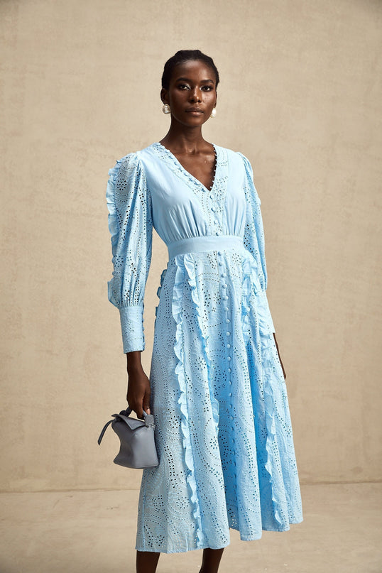 Kayla Blue Cotton V-Neck Midi Dress with Balloon Sleeves and Ruffled Detailing