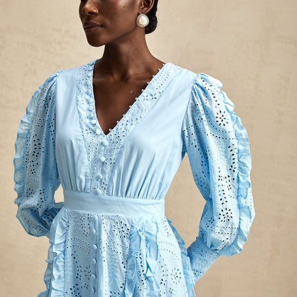 Kayla Blue Cotton V-Neck Midi Dress with Balloon Sleeves and Ruffled Detailing