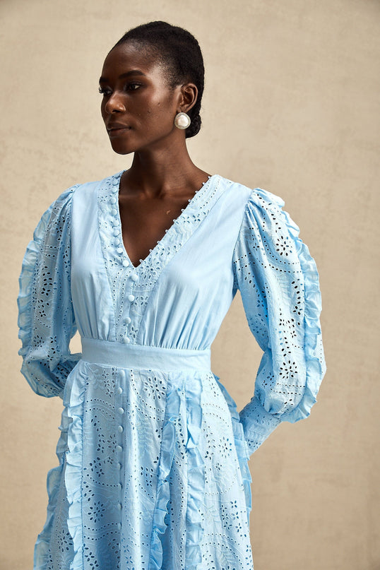 Kayla Blue Cotton V-Neck Midi Dress with Balloon Sleeves and Ruffled Detailing