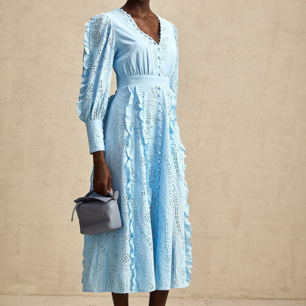 Kayla Blue Cotton V-Neck Midi Dress with Balloon Sleeves and Ruffled Detailing