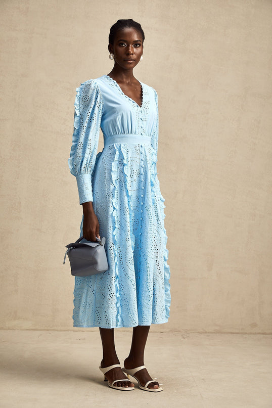 Kayla Blue Cotton V-Neck Midi Dress with Balloon Sleeves and Ruffled Detailing