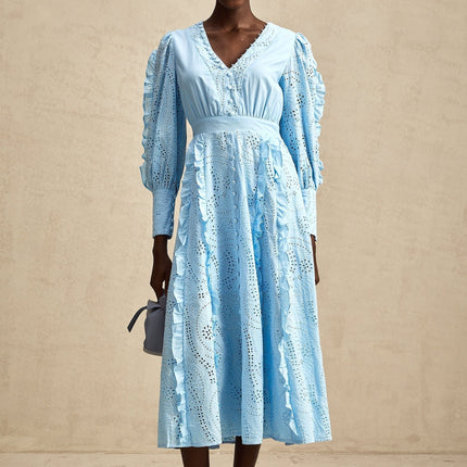 Kayla Blue Cotton V-Neck Midi Dress with Balloon Sleeves and Ruffled Detailing