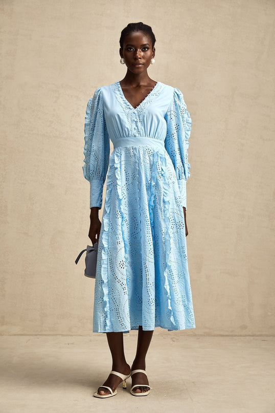 Kayla Blue Cotton V-Neck Midi Dress with Balloon Sleeves and Ruffled Detailing
