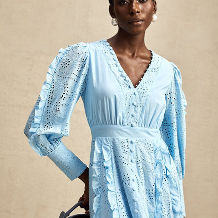 Kayla Blue Cotton V-Neck Midi Dress with Balloon Sleeves and Ruffled Detailing