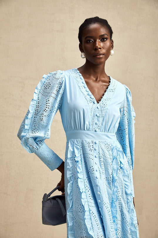 Kayla Blue Cotton V-Neck Midi Dress with Balloon Sleeves and Ruffled Detailing