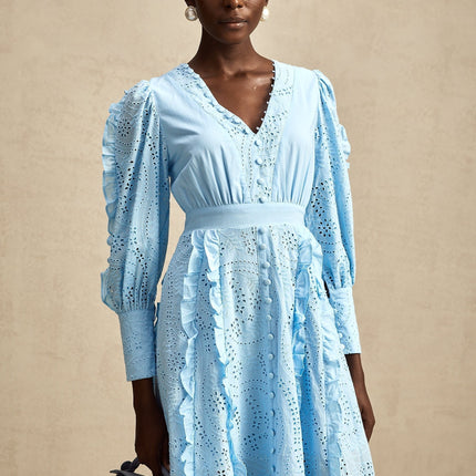 Kayla Blue Cotton V-Neck Midi Dress with Balloon Sleeves and Ruffled Detailing