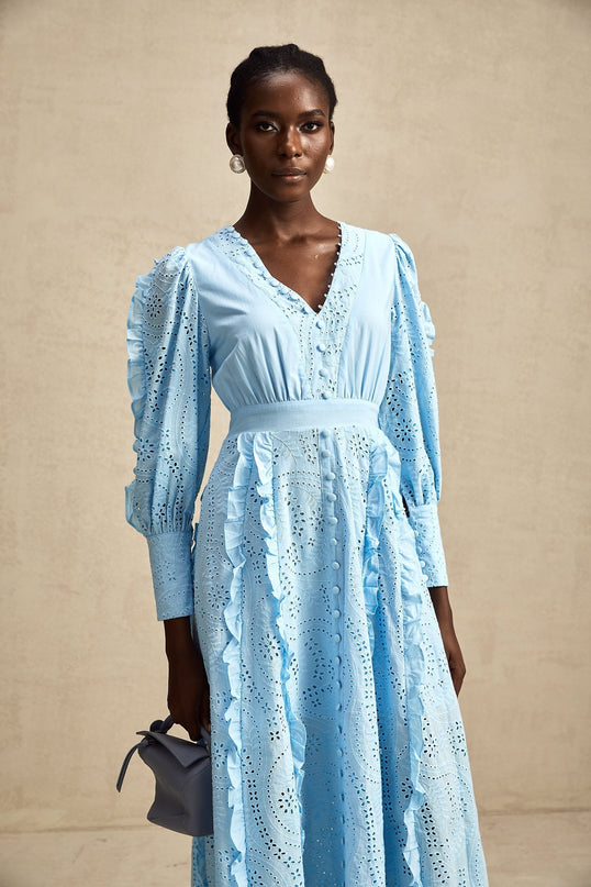 Kayla Blue Cotton V-Neck Midi Dress with Balloon Sleeves and Ruffled Detailing