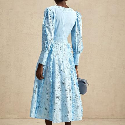 Kayla Blue Cotton V-Neck Midi Dress with Balloon Sleeves and Ruffled Detailing