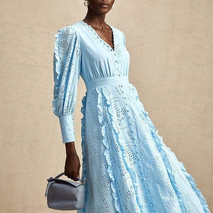 Kayla Blue Cotton V-Neck Midi Dress with Balloon Sleeves and Ruffled Detailing