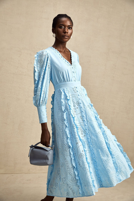 Kayla Blue Cotton V-Neck Midi Dress with Balloon Sleeves and Ruffled Detailing