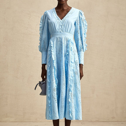 Kayla Blue Cotton V-Neck Midi Dress with Balloon Sleeves and Ruffled Detailing