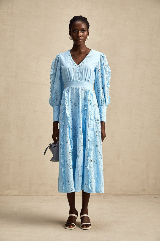 Kayla Blue Cotton V-Neck Midi Dress with Balloon Sleeves and Ruffled Detailing