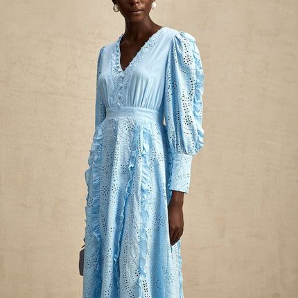 Kayla Blue Cotton V-Neck Midi Dress with Balloon Sleeves and Ruffled Detailing