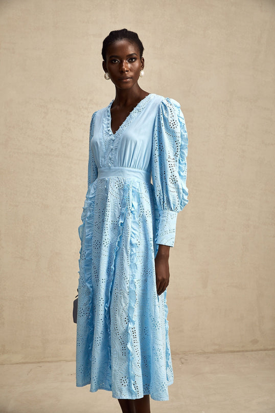 Kayla Blue Cotton V-Neck Midi Dress with Balloon Sleeves and Ruffled Detailing