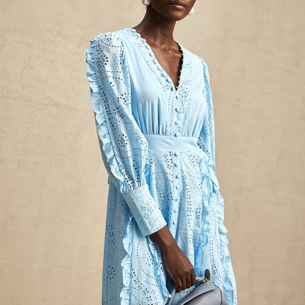 Kayla Blue Cotton V-Neck Midi Dress with Balloon Sleeves and Ruffled Detailing