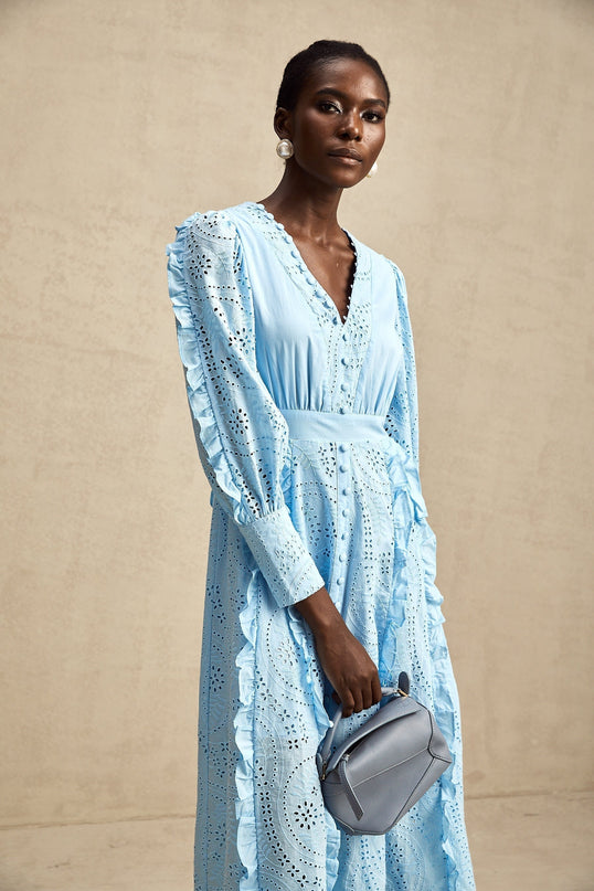 Kayla Blue Cotton V-Neck Midi Dress with Balloon Sleeves and Ruffled Detailing
