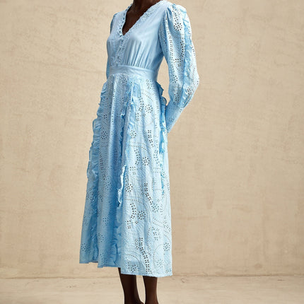 Kayla Blue Cotton V-Neck Midi Dress with Balloon Sleeves and Ruffled Detailing