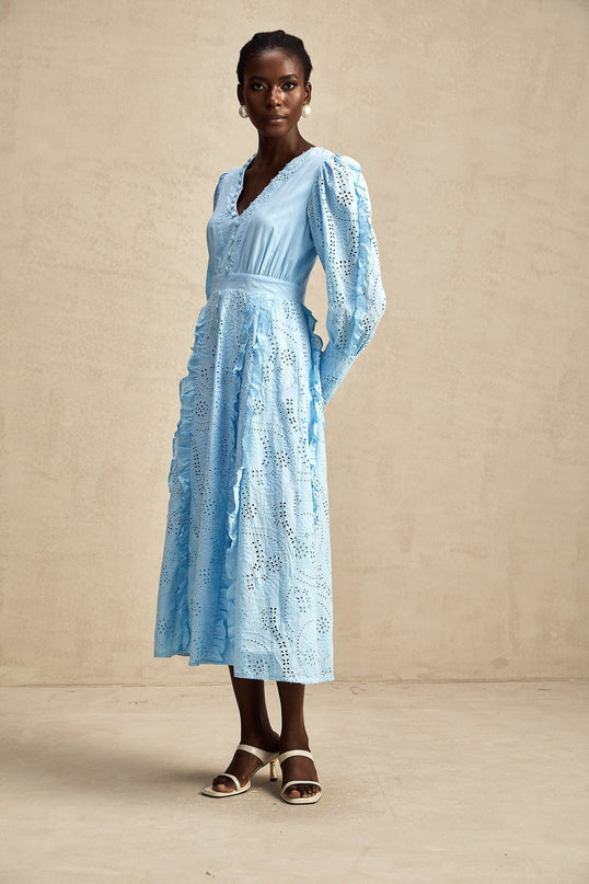 Kayla Blue Cotton V-Neck Midi Dress with Balloon Sleeves and Ruffled Detailing