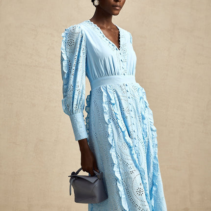 Kayla Blue Cotton V-Neck Midi Dress with Balloon Sleeves and Ruffled Detailing