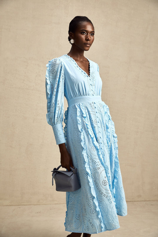 Kayla Blue Cotton V-Neck Midi Dress with Balloon Sleeves and Ruffled Detailing